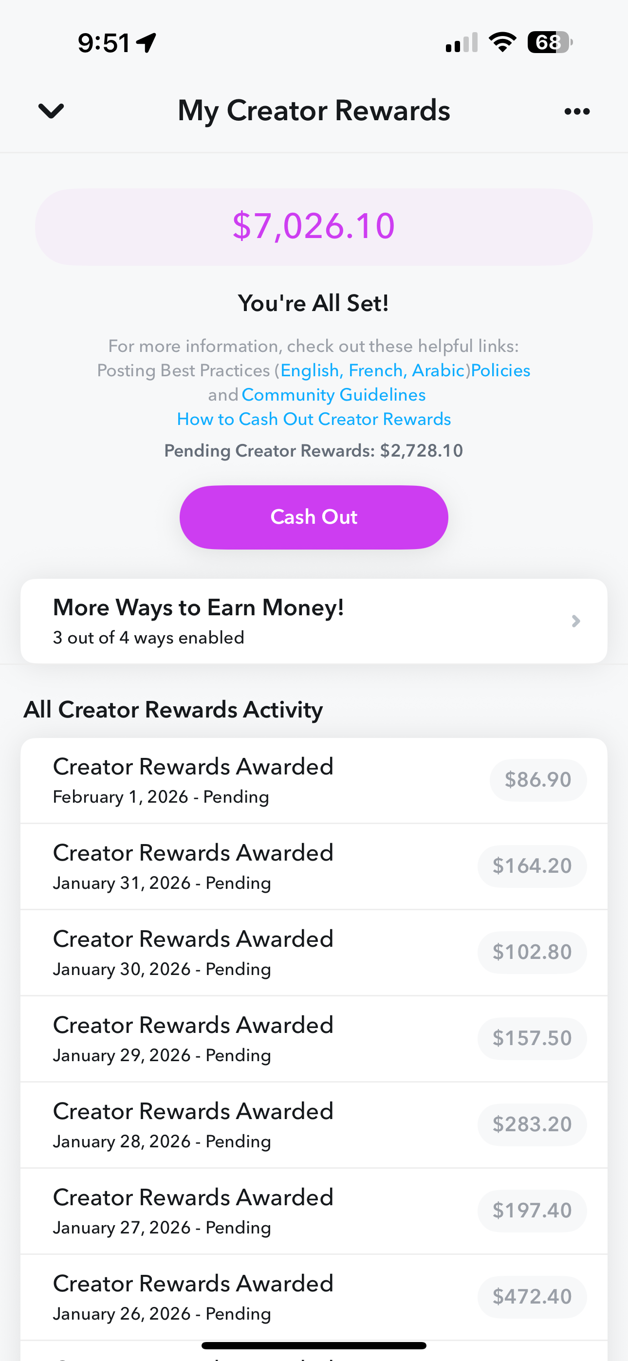 Creator #1 first month payouts - $7,026.10